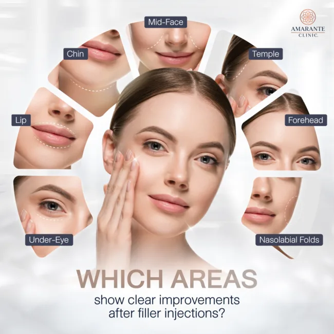 Which areas show clear improvements after filler injections?